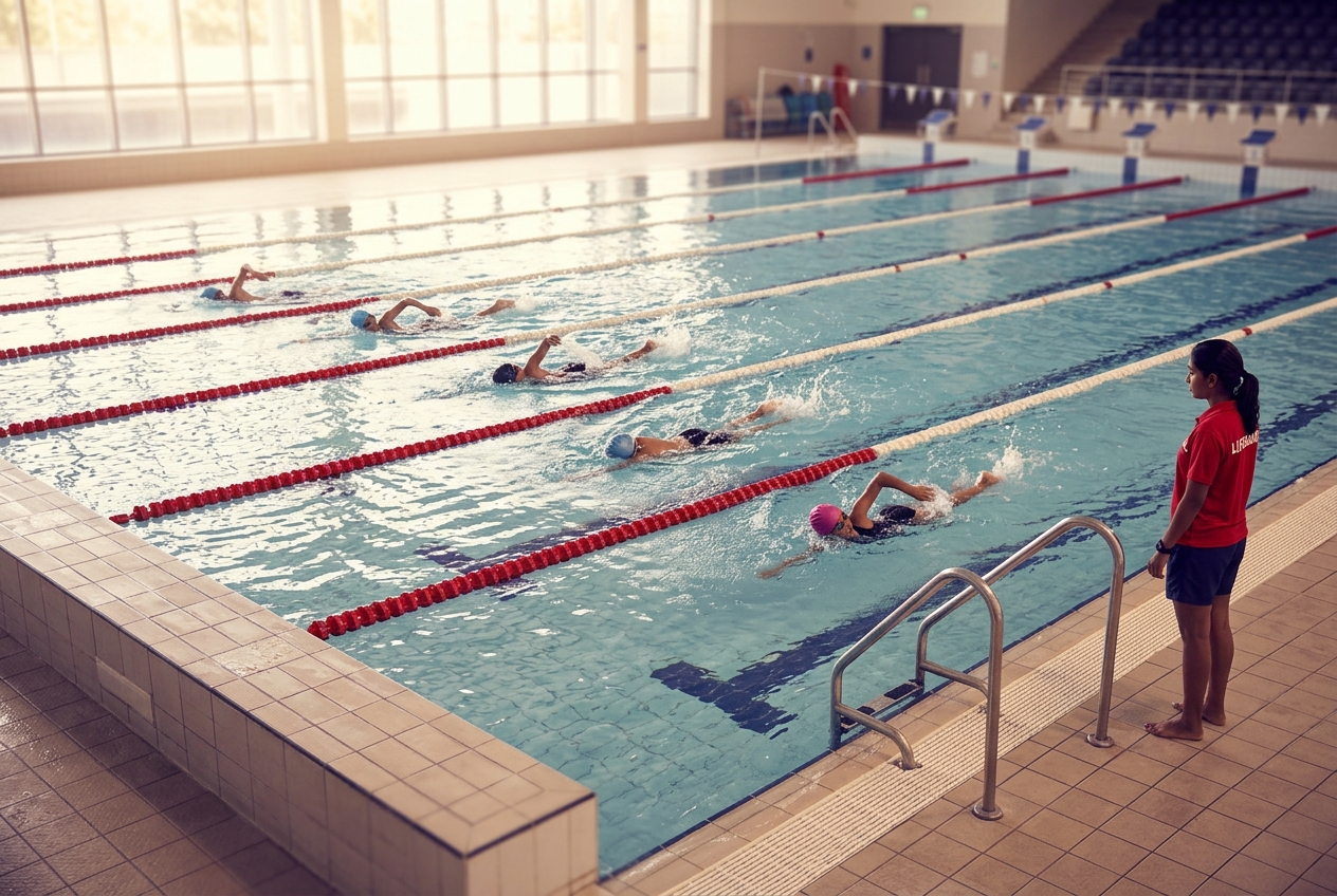 Schoolchildren swimming in a supervised school pool with a lifeguard at poolside