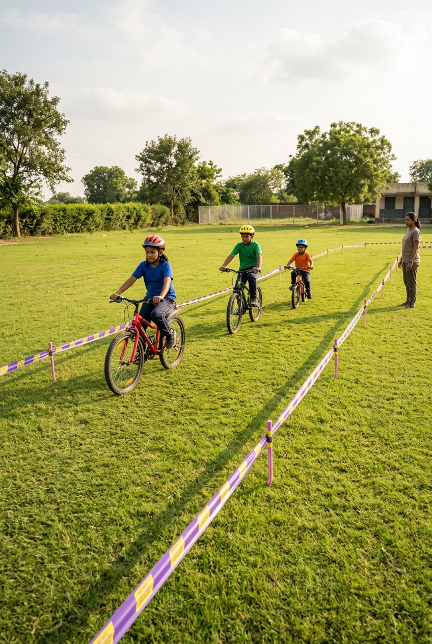 Indian schoolchildren cycling safely on a wide marked school-ground course.
