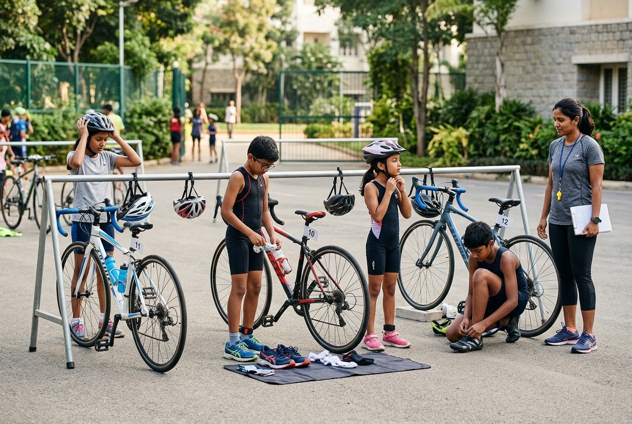 A clean, organised transition area with four Indian schoolchildren and racked bicycles at a school