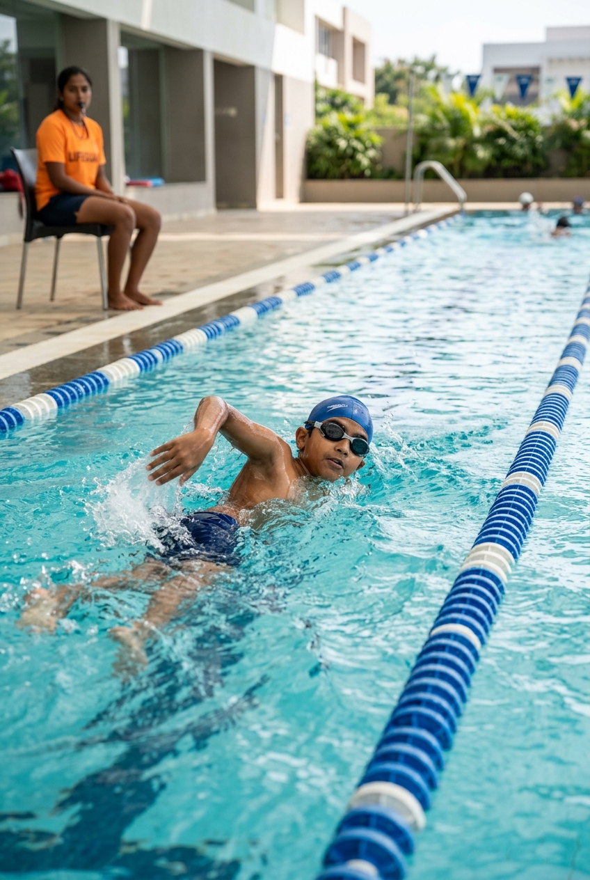 An Indian schoolchild swimming in a supervised school pool with lane ropes