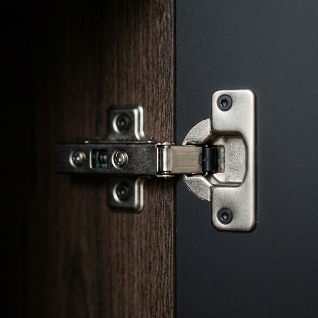 Premium soft-close hinge installed inside a Paramount Kitchen cabinet