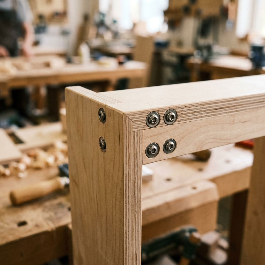 Plywood cabinet carcass corner with stainless-steel screw joinery