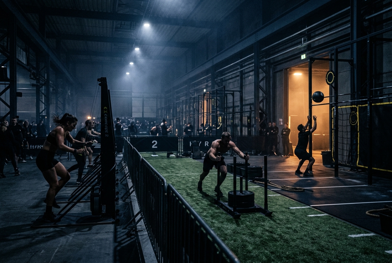 HYROX competition floor with SkiErg, sleds and wall ball stations under dark arena lighting