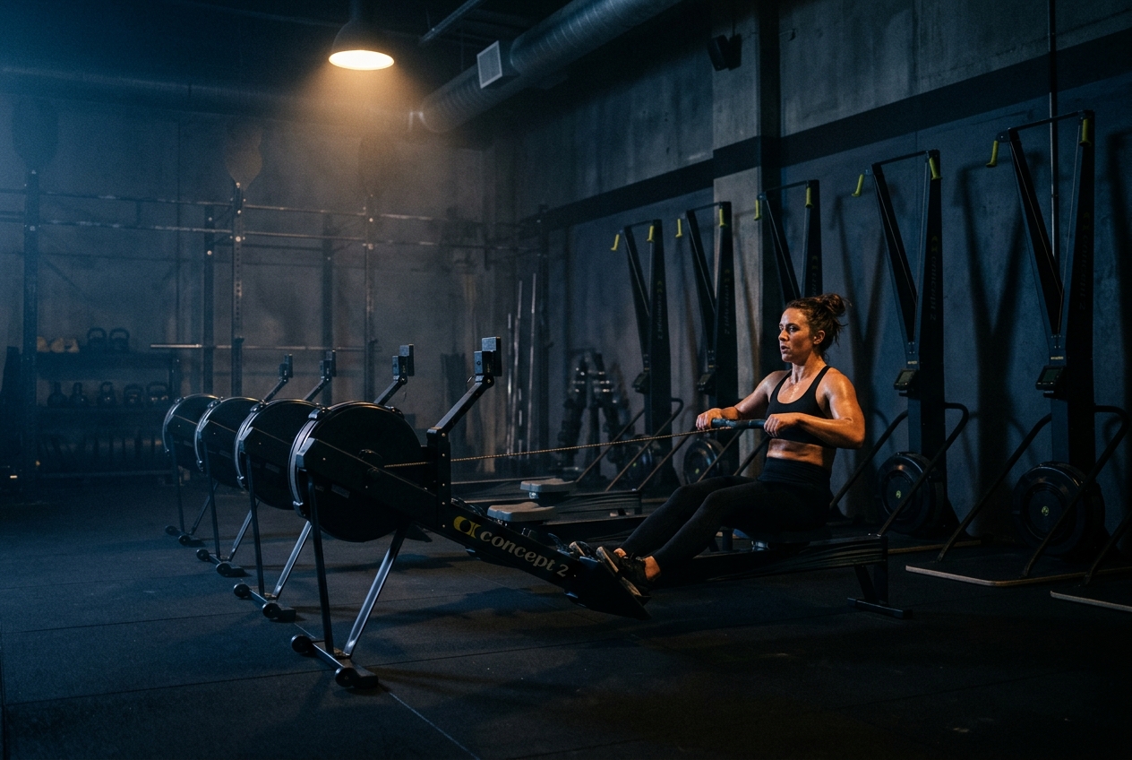Athlete mid-pull on a rowing machine in a dark performance gym