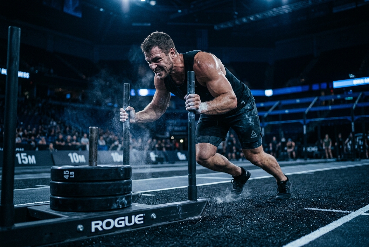 Athlete driving a heavy sled down a turf lane with arms locked out and hips low