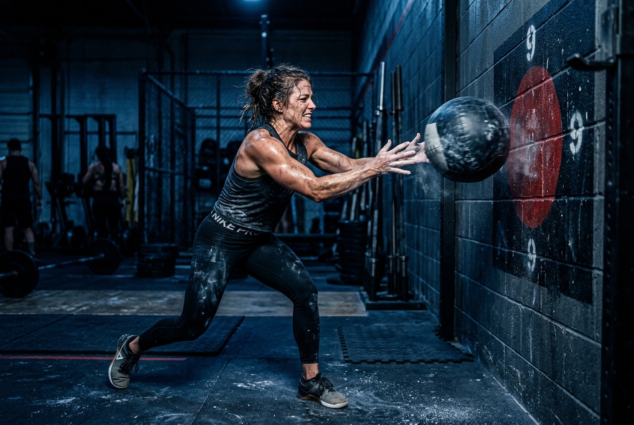 Exhausted athlete throwing a medicine ball at a wall target under dark gym lighting