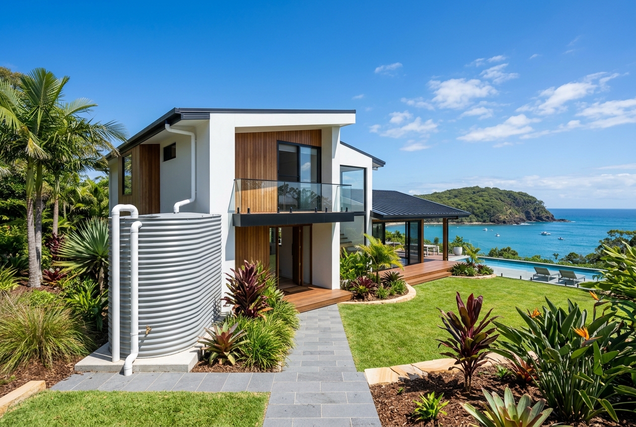 Modern Sunshine Coast home with a corrugated rainwater tank