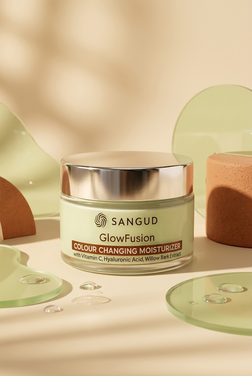 SANGUD GlowFusion colour-changing moisturiser in a premium beauty setting