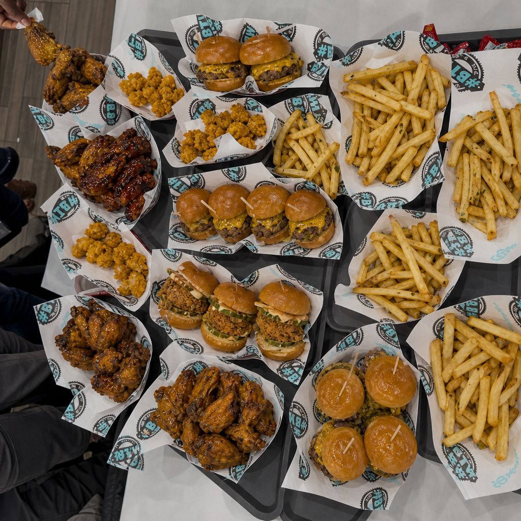 Wings, Sliders & Fries Package — catering food spread