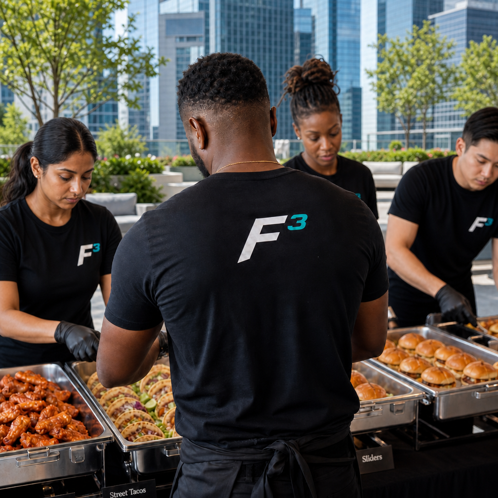 Fresh Fast Foods catering crew in branded F3 / BTWNYC gear at a corporate outdoor setup