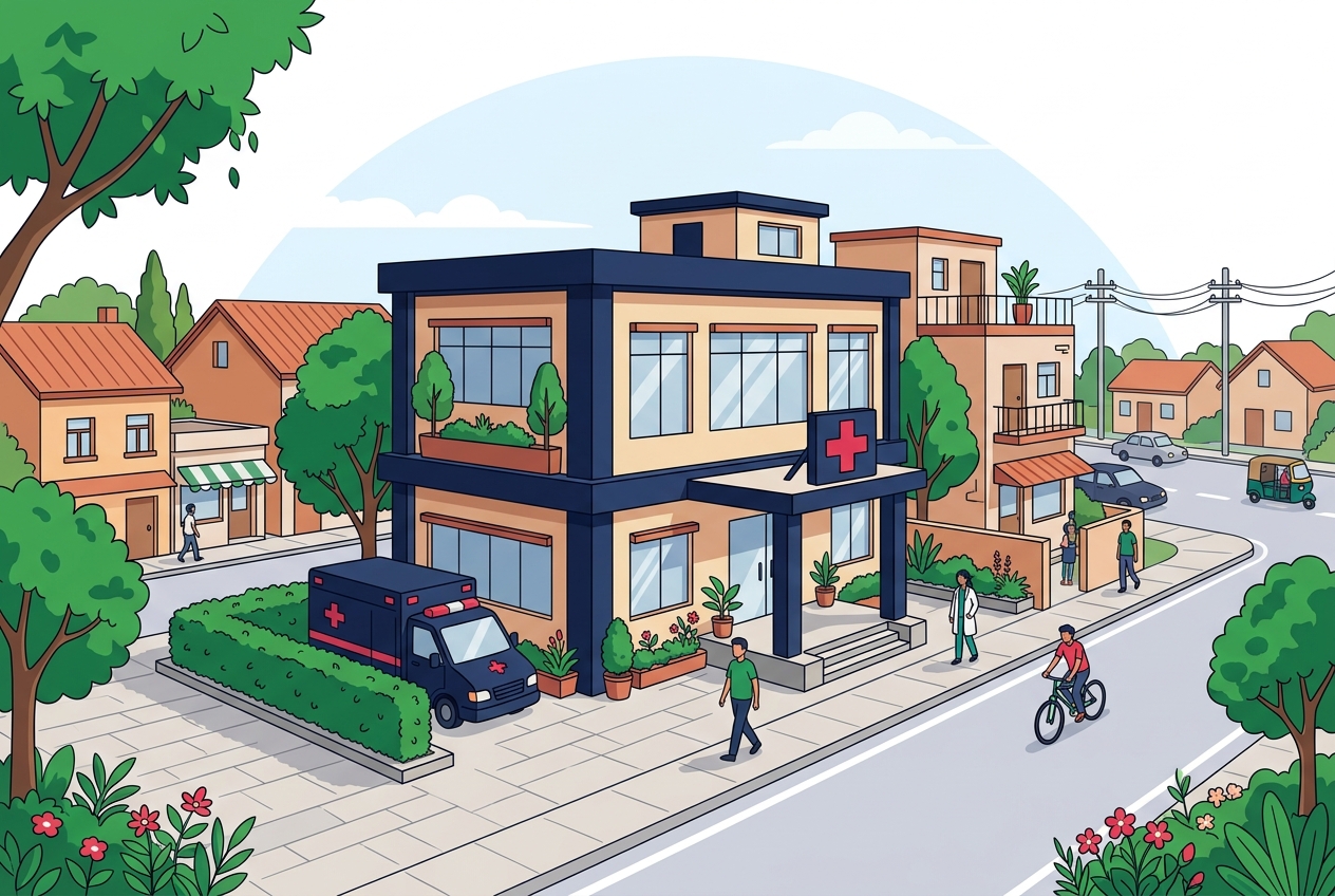 Illustration of Jan Seva Hospital building and entrance in Gaya