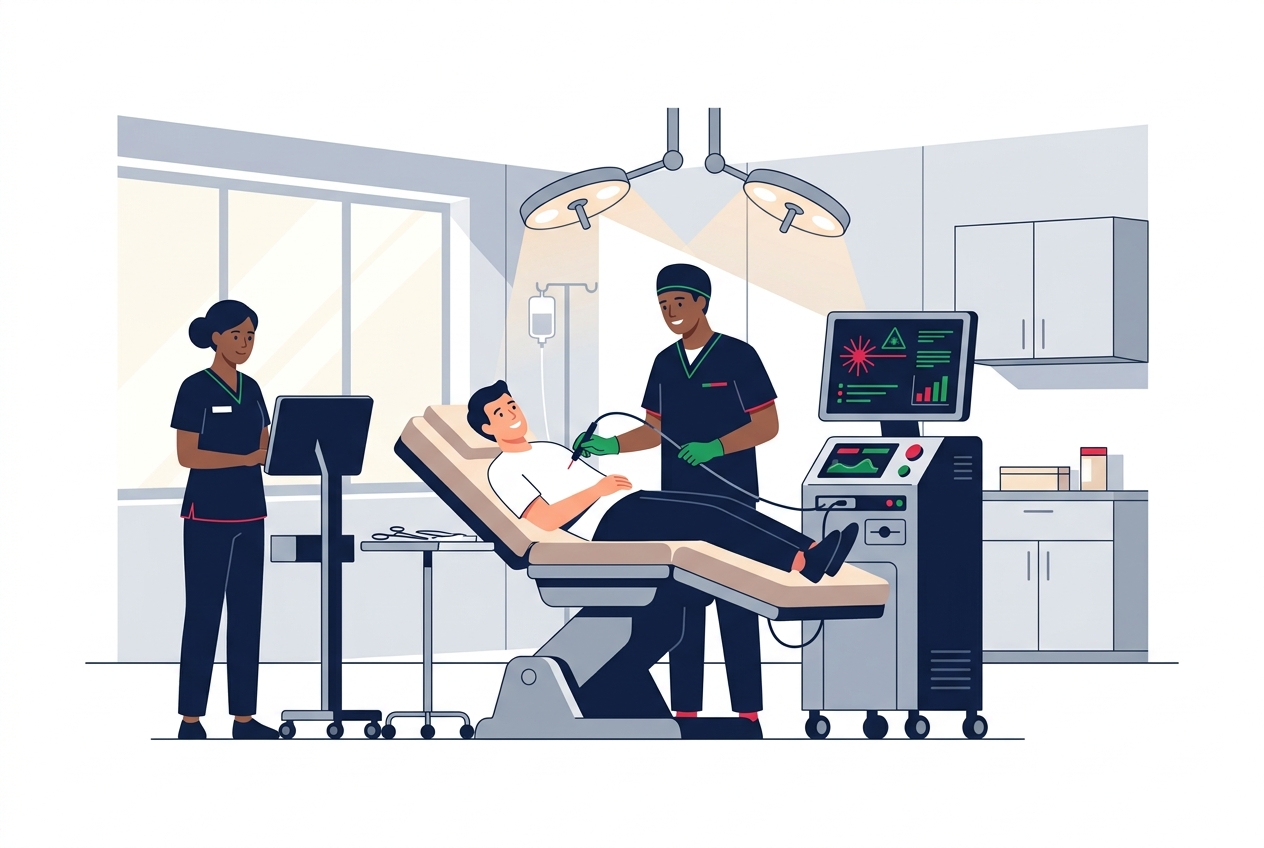 Illustration of a comfortable modern daycare setup for painless piles and fistula surgery
