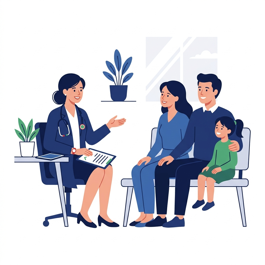 Illustration of a doctor caring for a patient and family