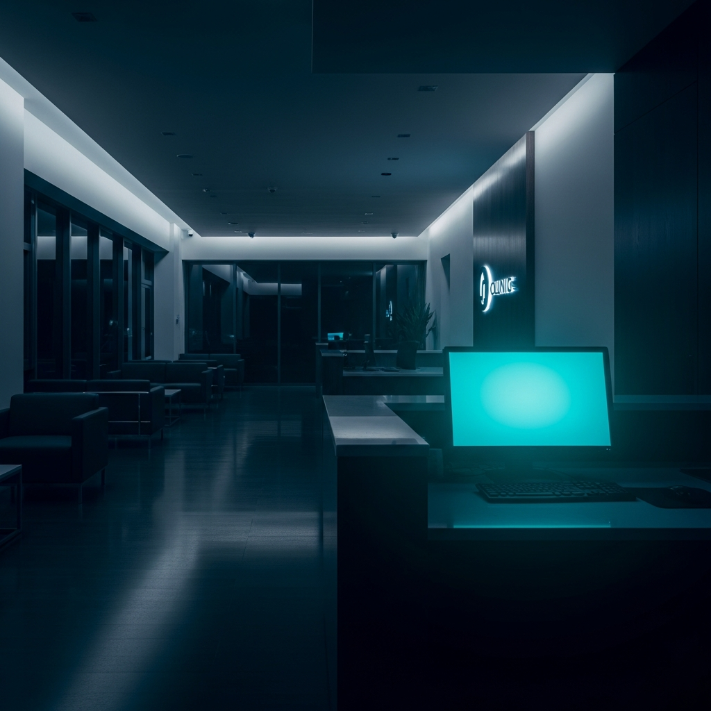 Medical clinic at night with glowing teal monitor