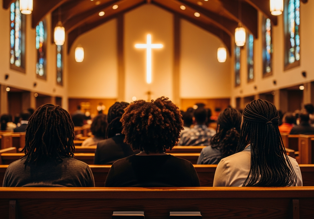 Church congregation from behind with glowing cross and warm golden light