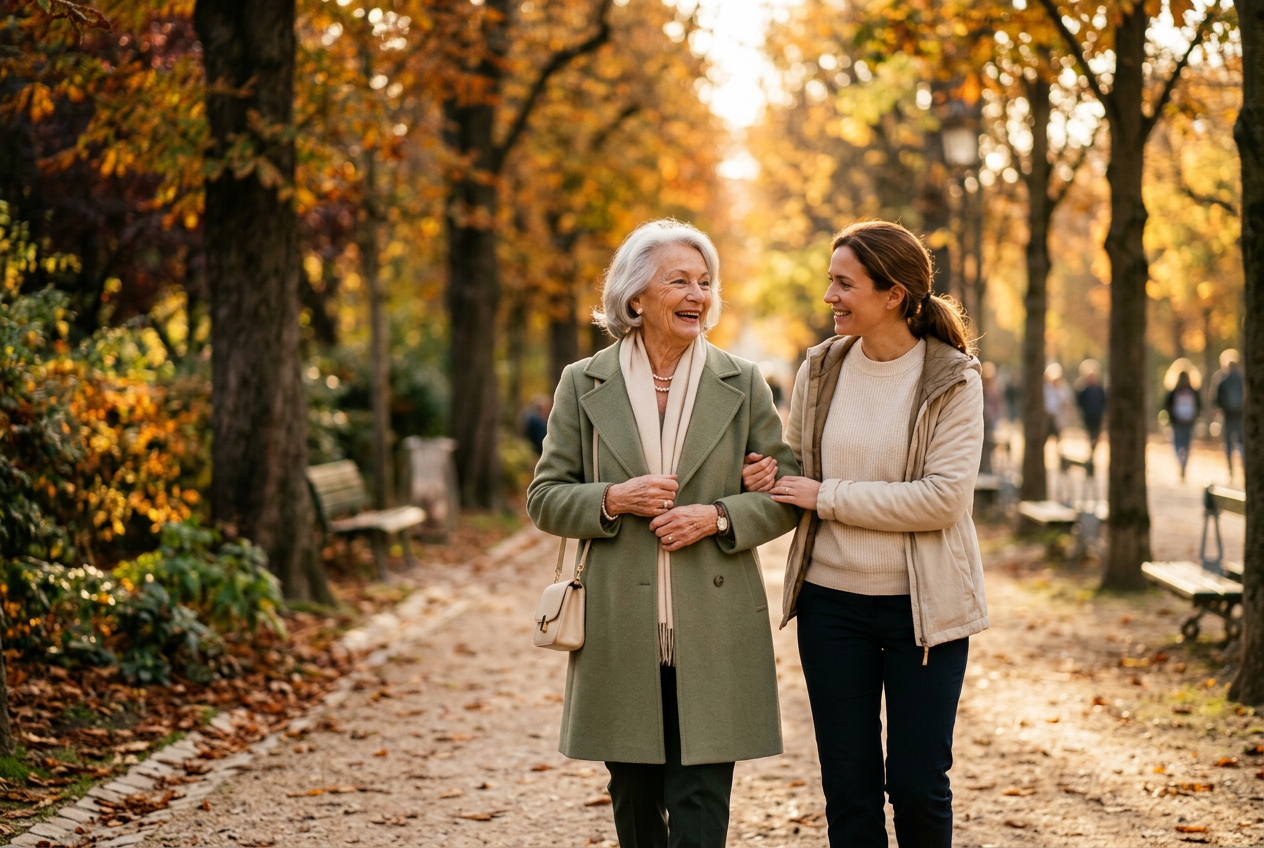 Senior accompagné lors d'une promenade