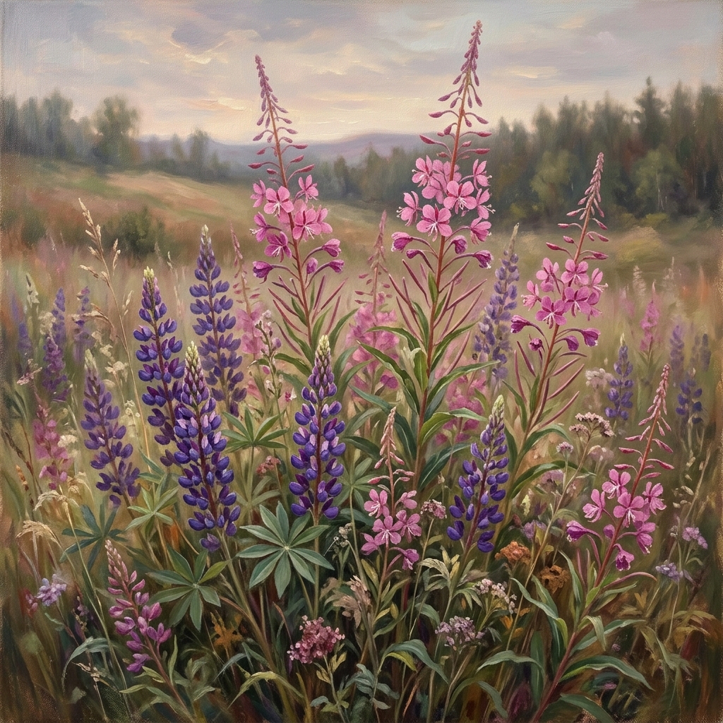 Oil painting of purple wildflowers
