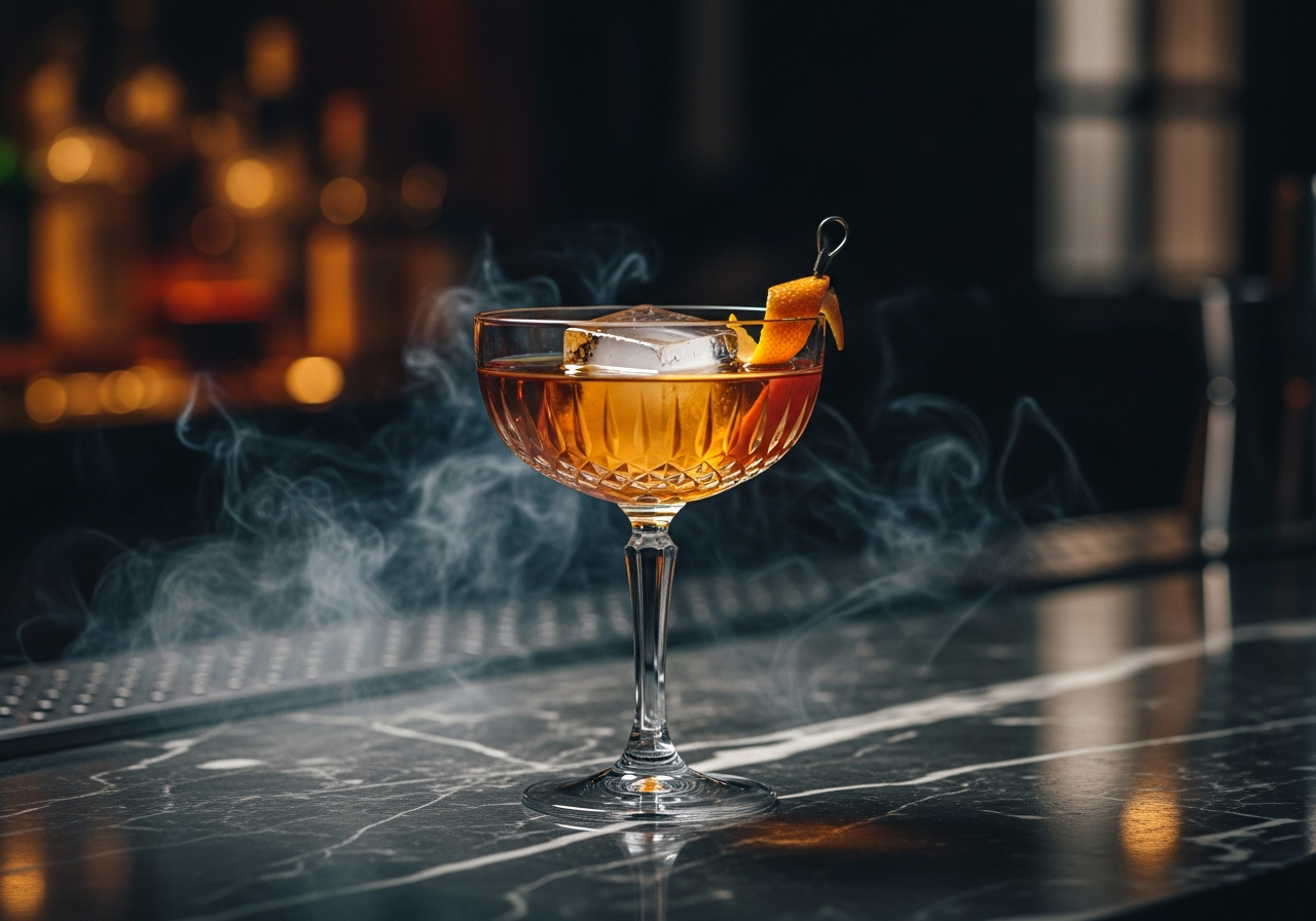 Cinematic amber cocktail on marble bar