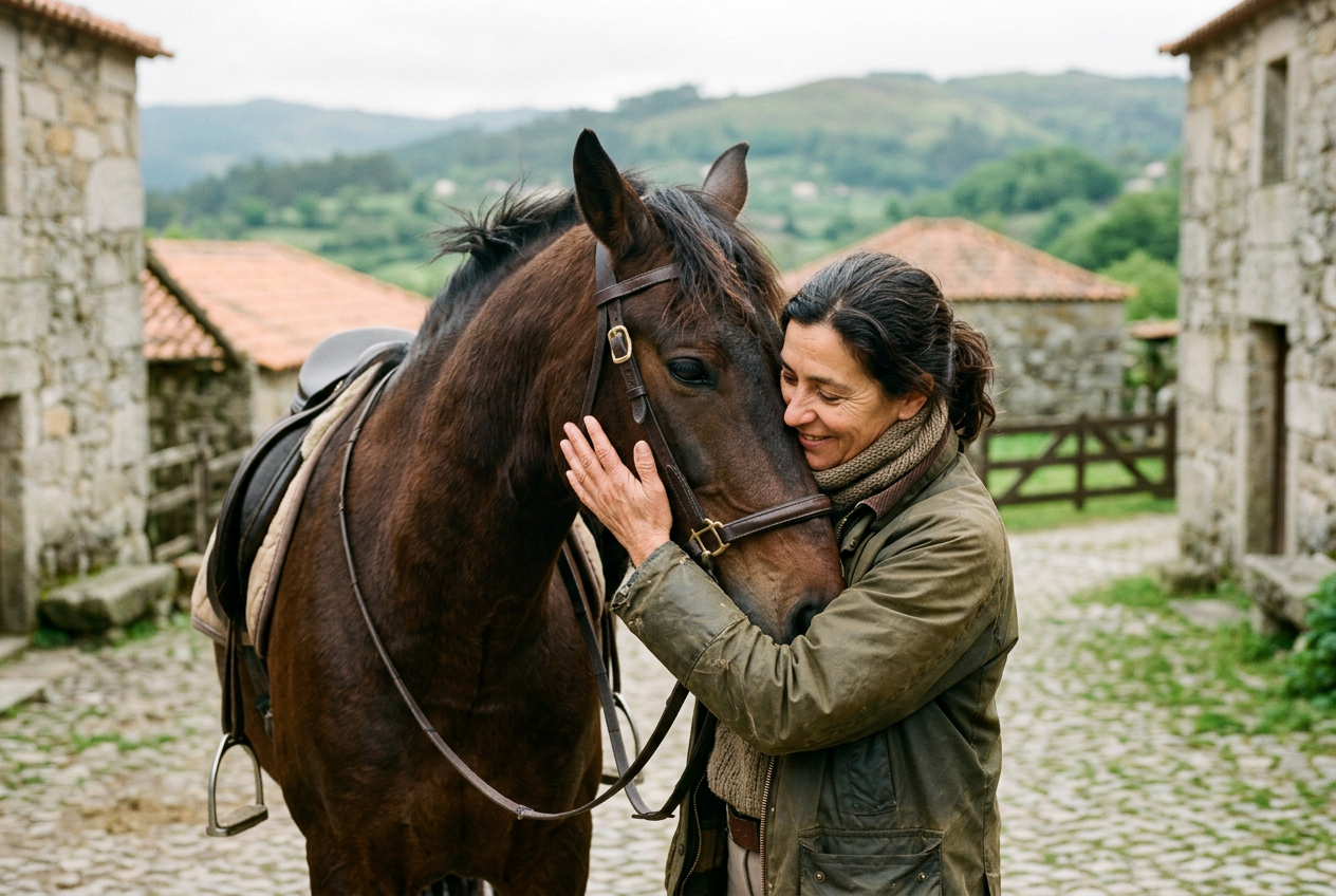 Participante em contacto com o cavalo antes do passeio, na Quinta dos Martinhos
