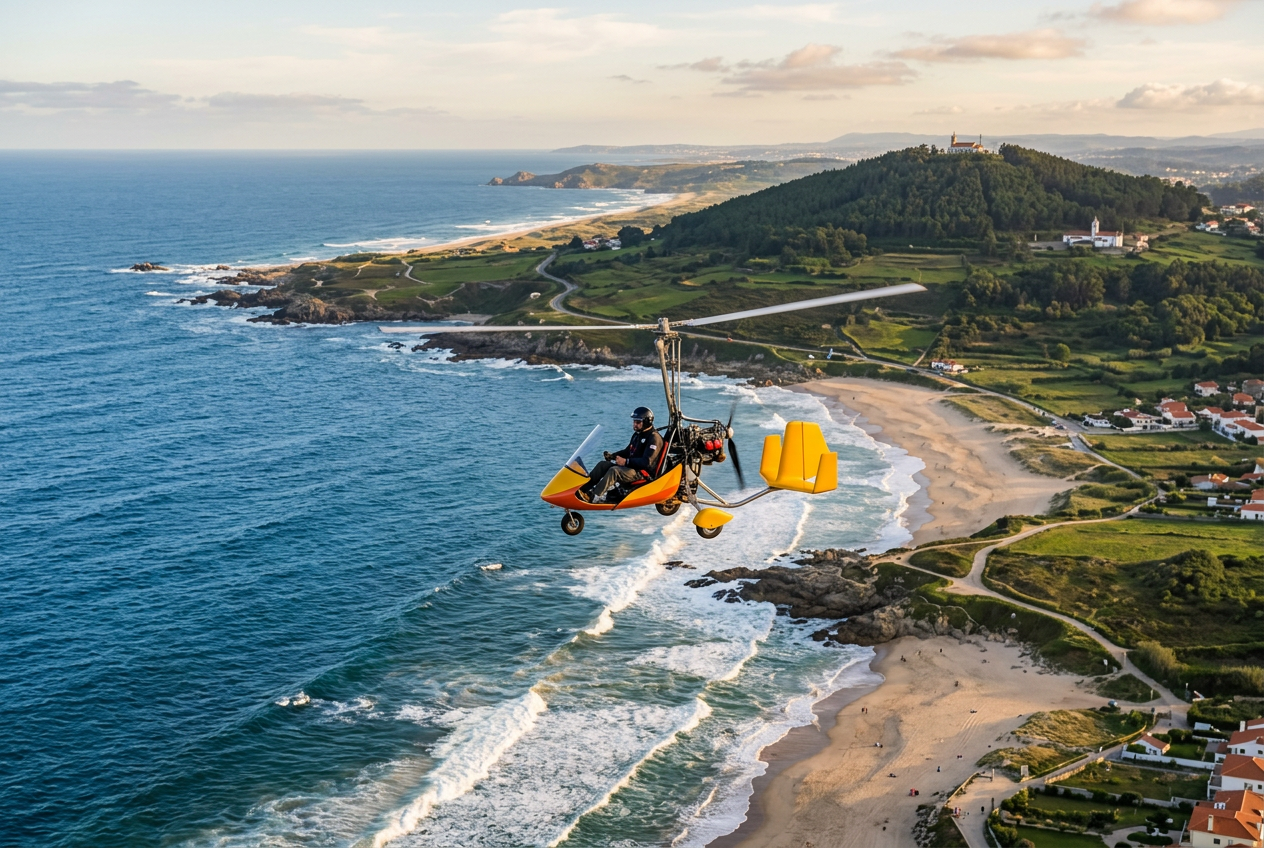 Voo panorâmico de autogiro sobre a costa atlântica do Norte de Portugal