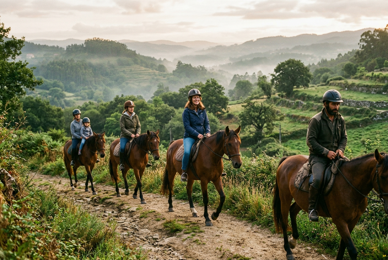 Grupo em passeio a cavalo num trilho com vista sobre os vales de Vieira do Minho