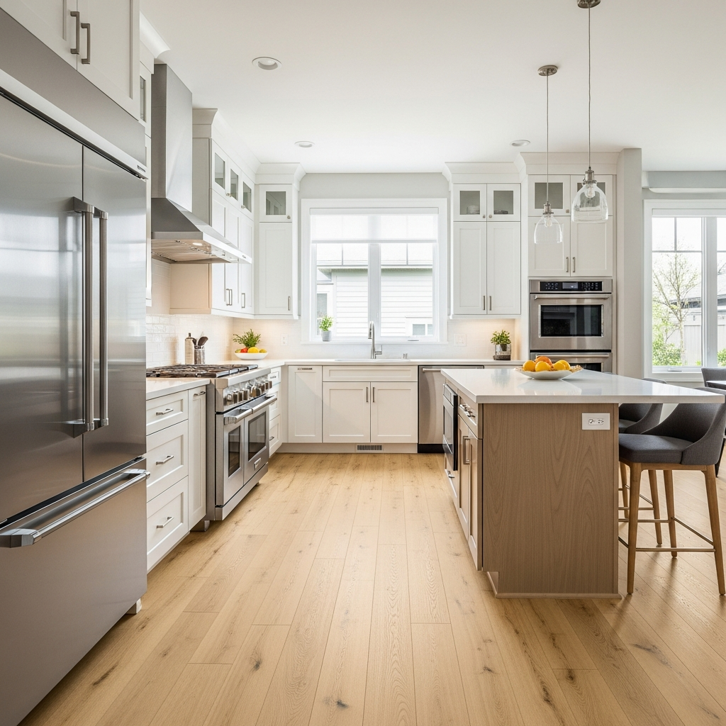 After: Kitchen with beautiful light oak luxury vinyl plank flooring