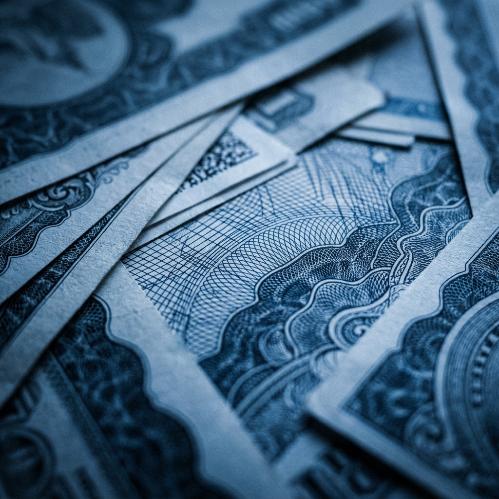 Layered financial documents — editorial visual