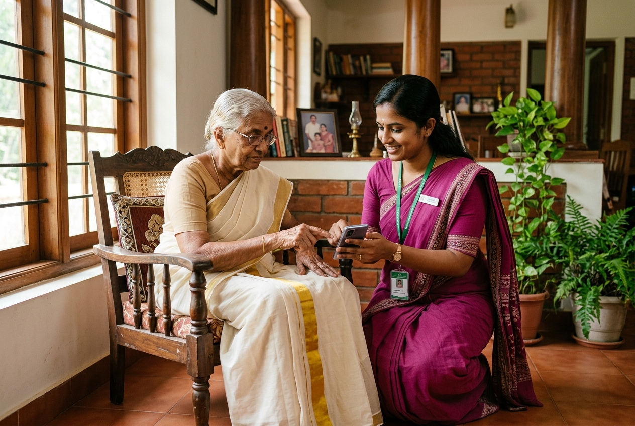 A trained ShePay woman service provider assisting an elderly woman with a digital payment at her home in Kerala