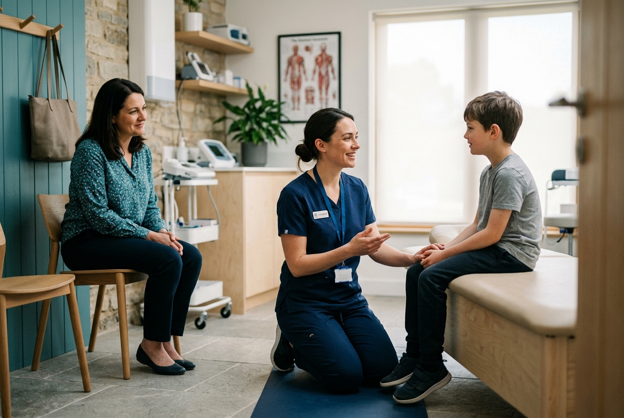 Clinician talking with a child at eye level while a parent sits nearby
