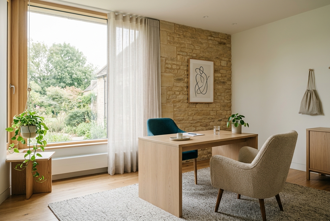 Modern ADHD Path consulting room with natural light and oak furniture
