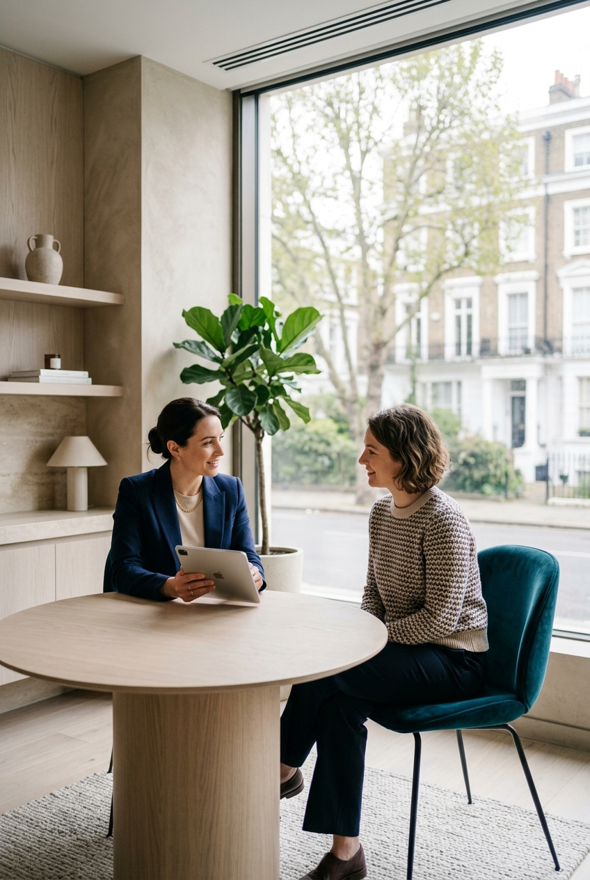 Clinician in a calm consultation room discussing assessment with an adult patient