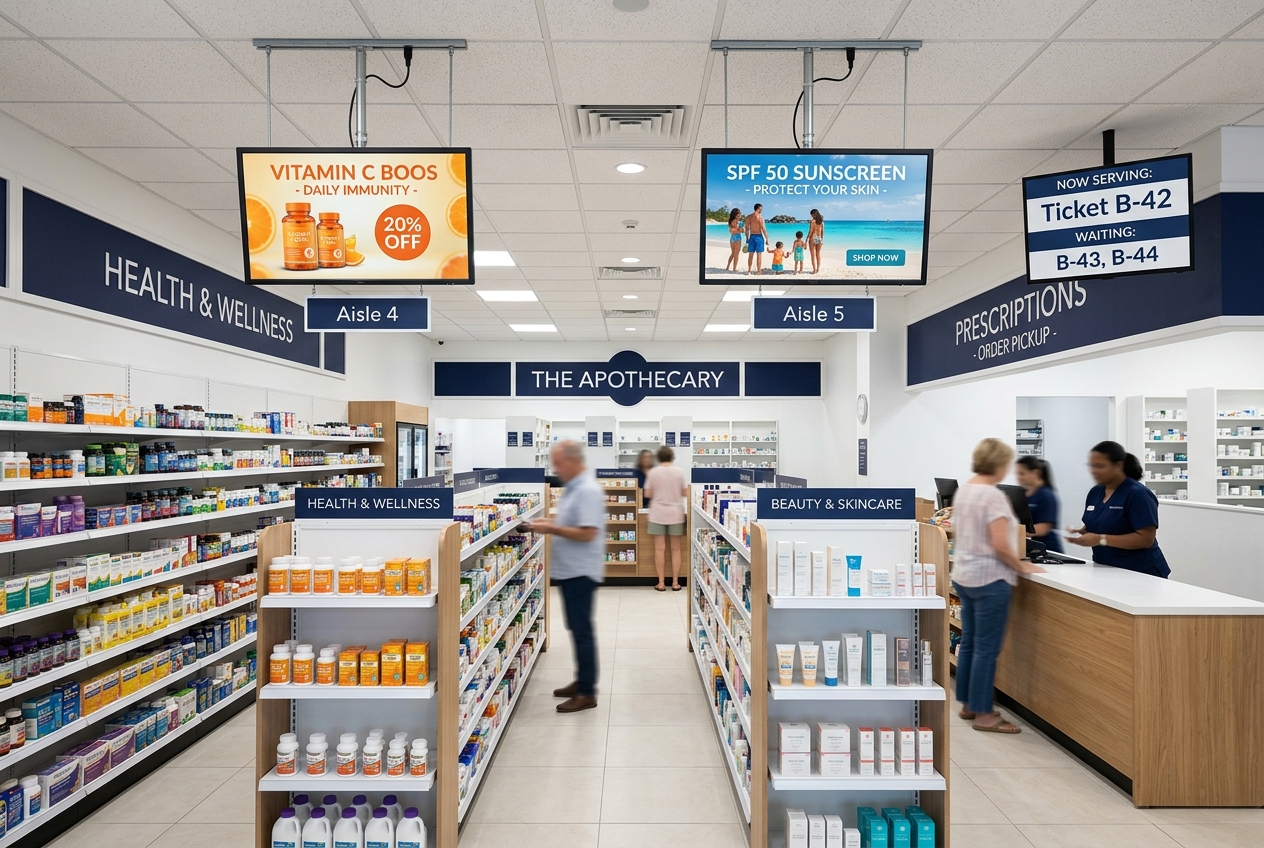 Hanging digital promotion displays inside a Bermuda pharmacy