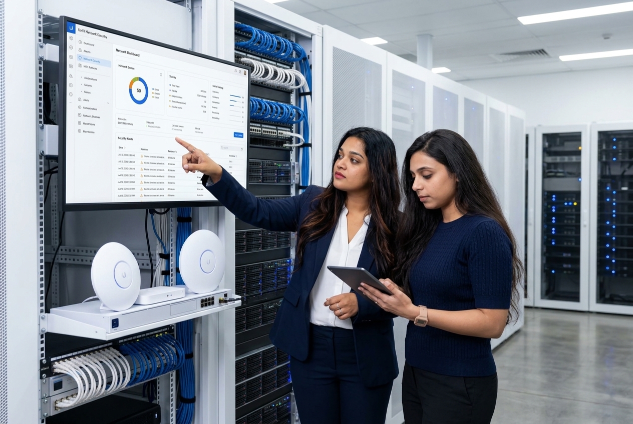 Likha Pradeep and Revathy Krishnakumar reviewing cybersecurity
