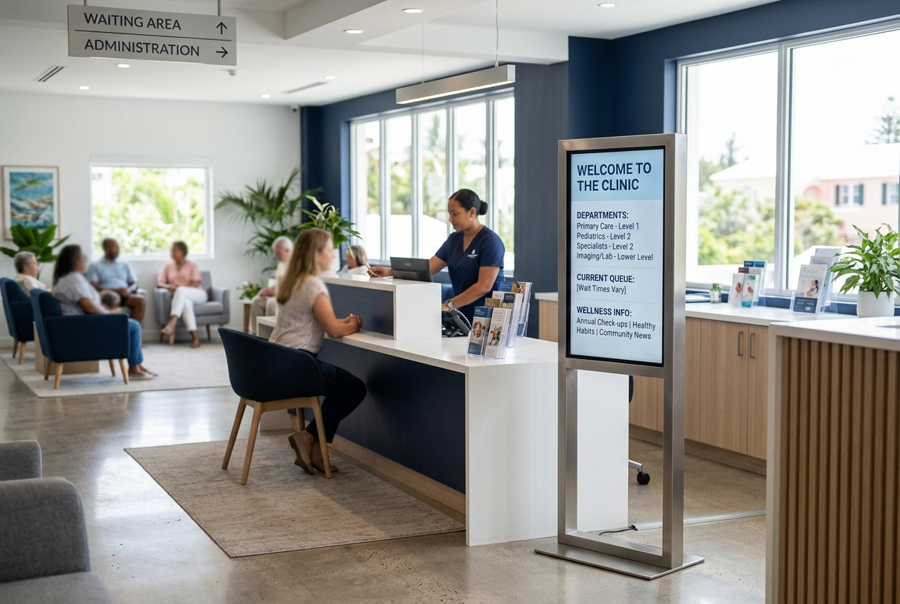 Floor-standing wayfinding display at a Bermuda medical clinic