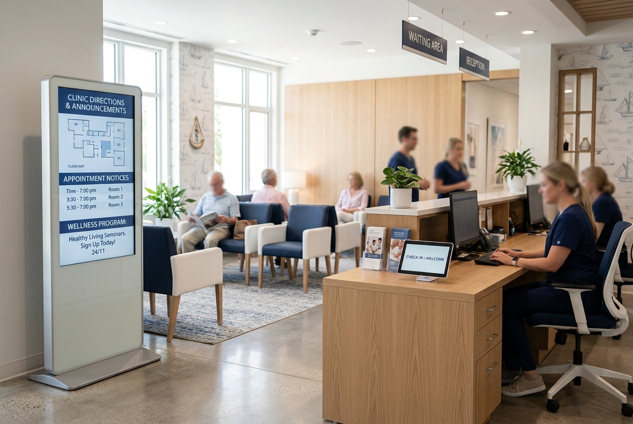 Floor-standing digital information display in a modern medical clinic