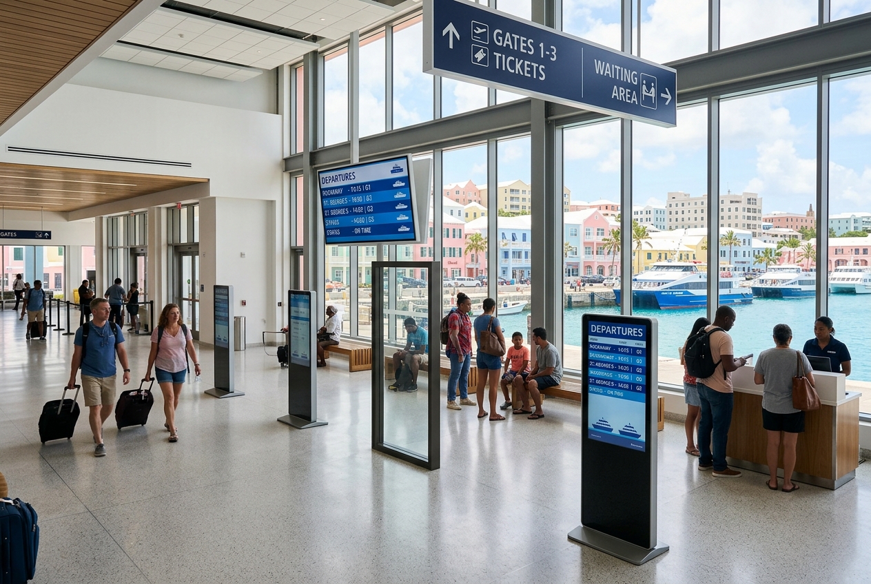 Digital wayfinding and departure screens in a Bermuda ferry terminal