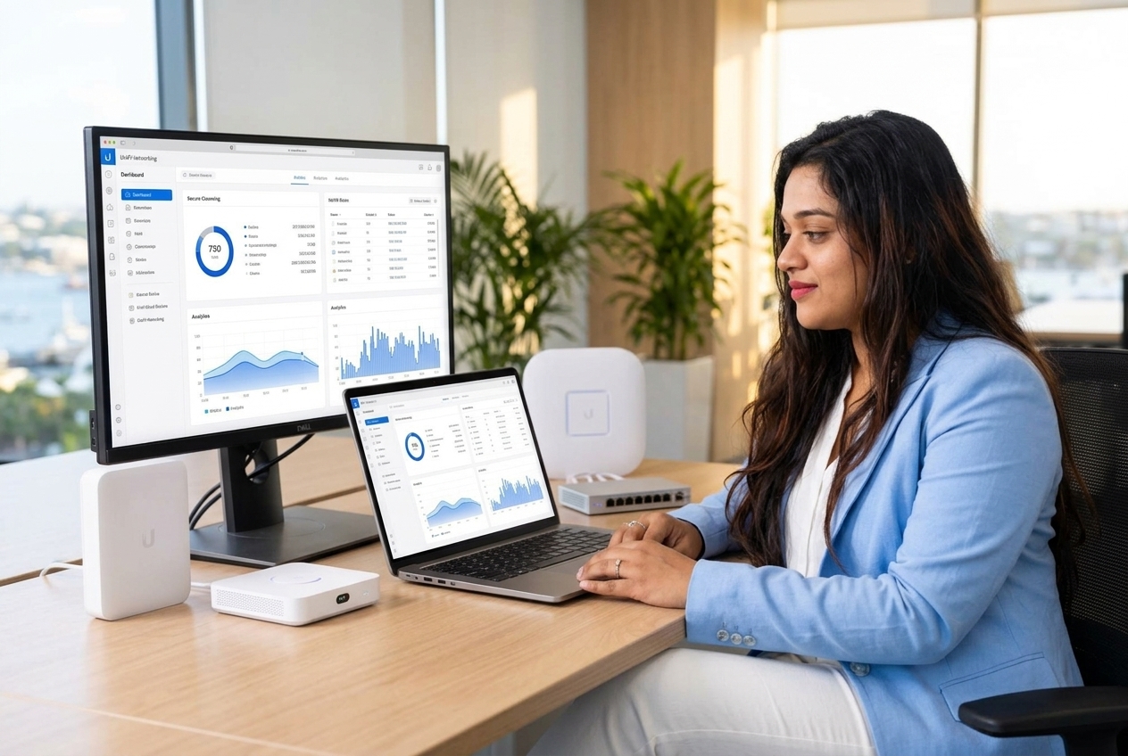 Likha Pradeep working on cloud solutions with a closed-mouth expression