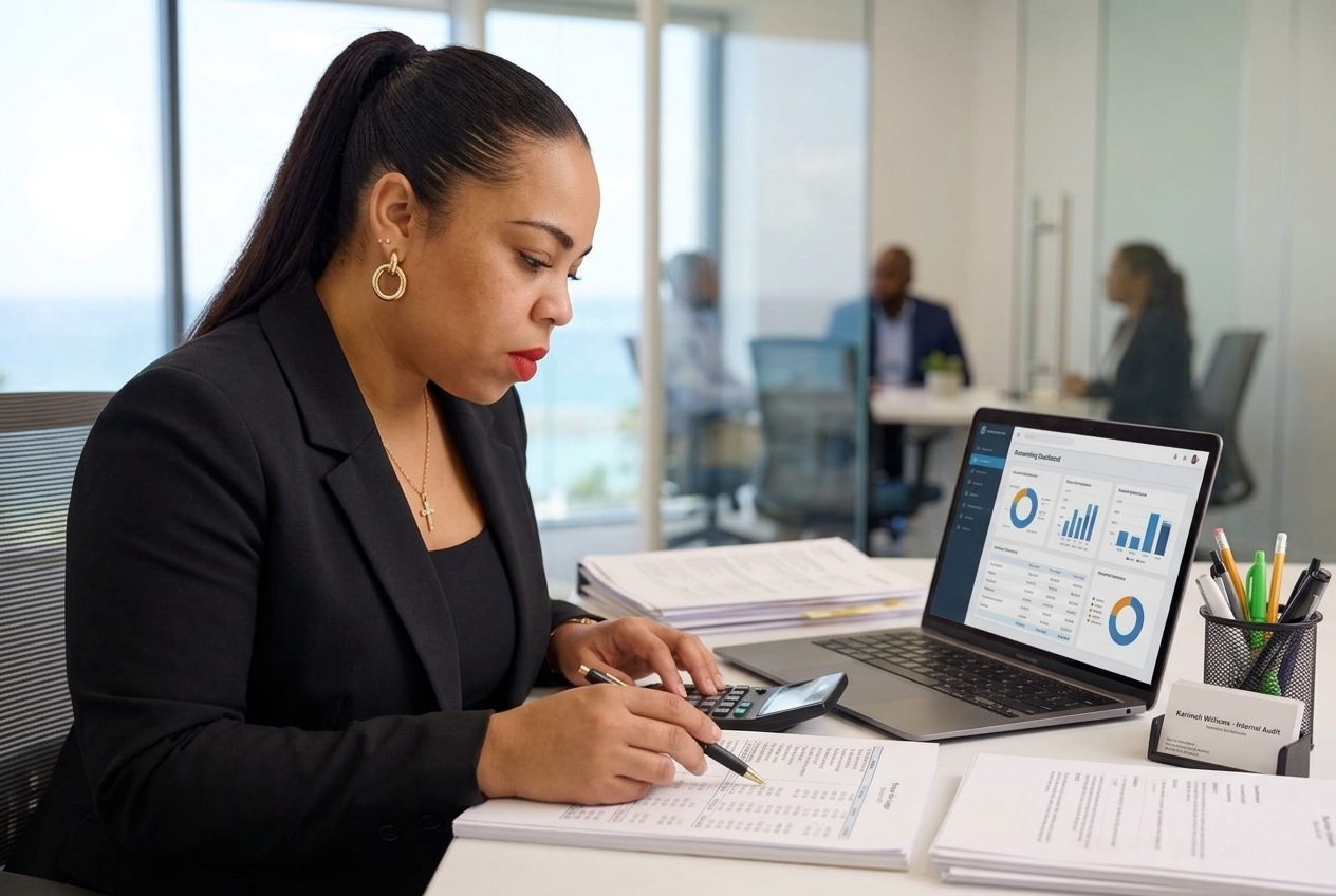 Karimah Williams reviewing accounting records for internal audit