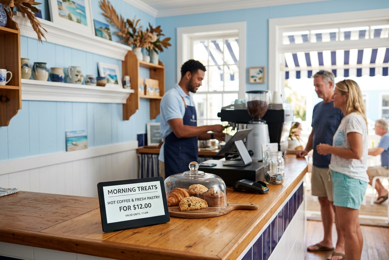 Compact digital advertising screen on a Bermuda cafe counter