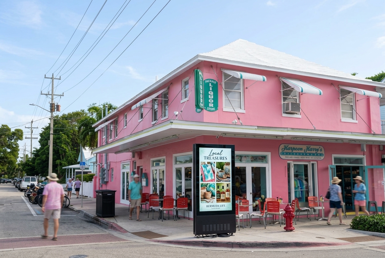 Floor-standing digital advertising screen outside a colorful Bermuda shop
