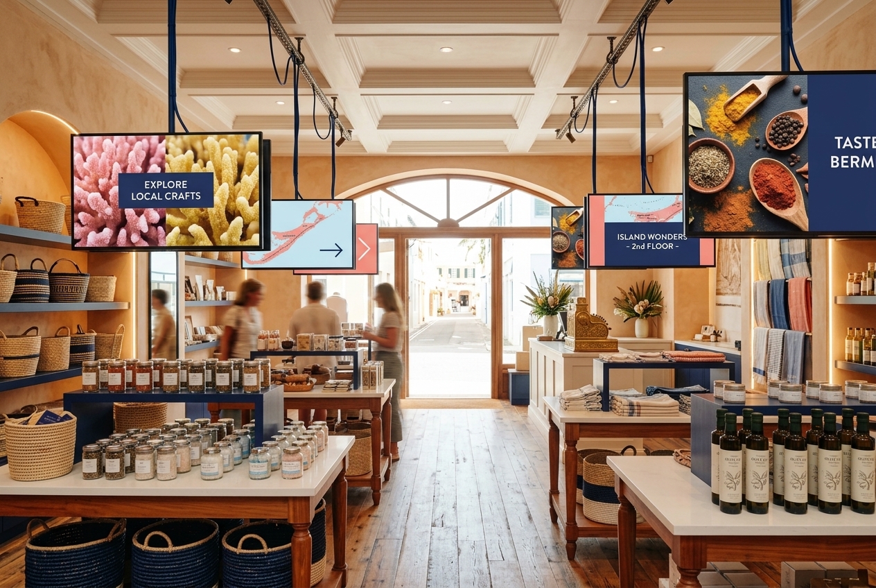 Ceiling-hanging digital displays inside a Bermuda retail shop