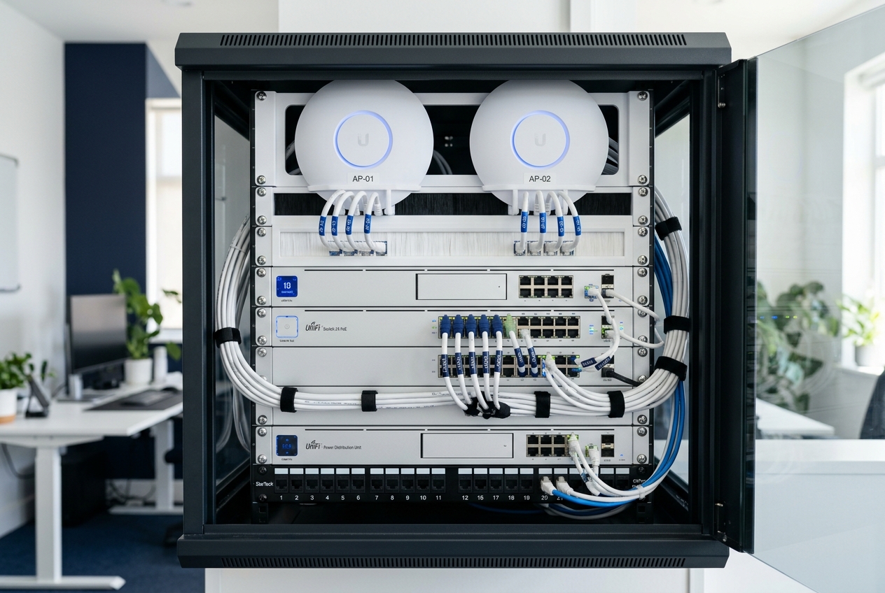 Unique UniFi WiFi and network devices in rack