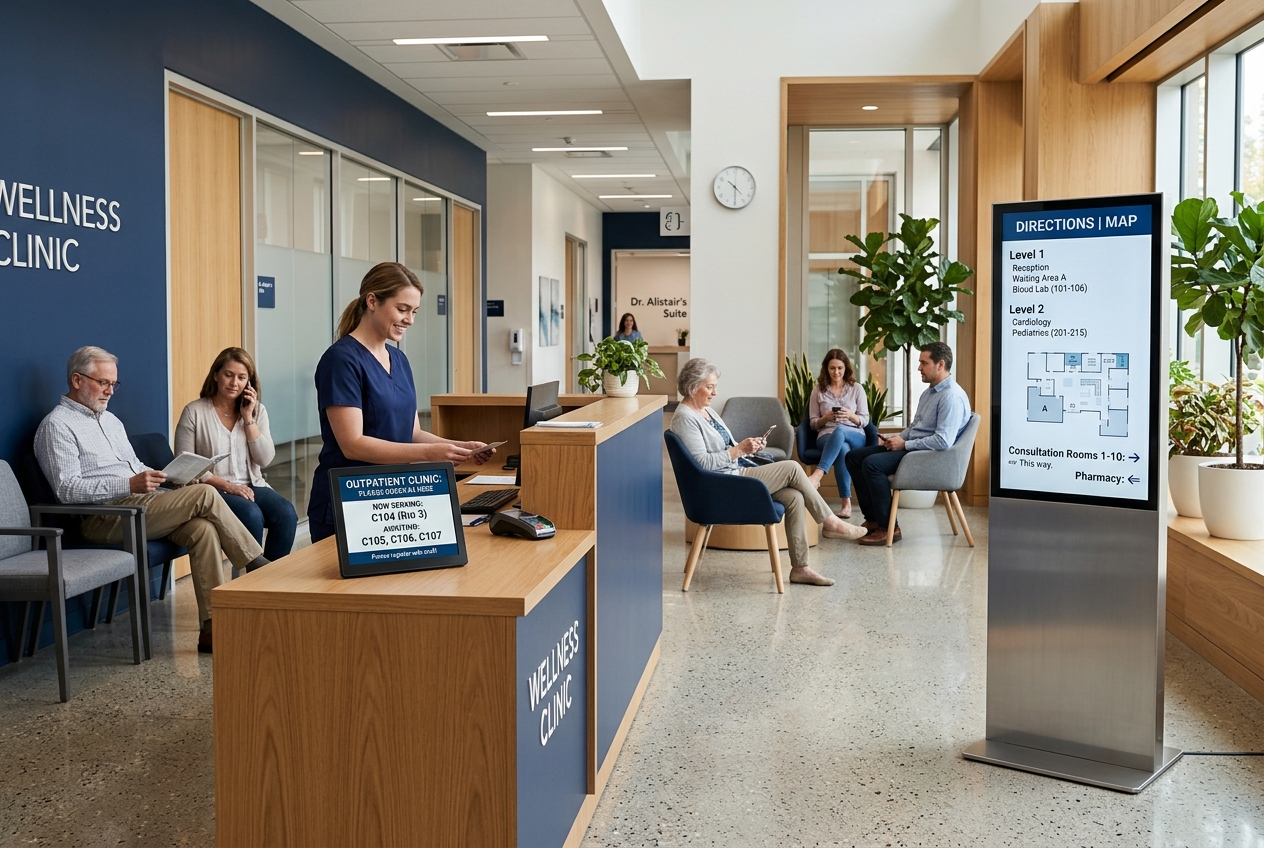Clinic digital wayfinding and reception signage
