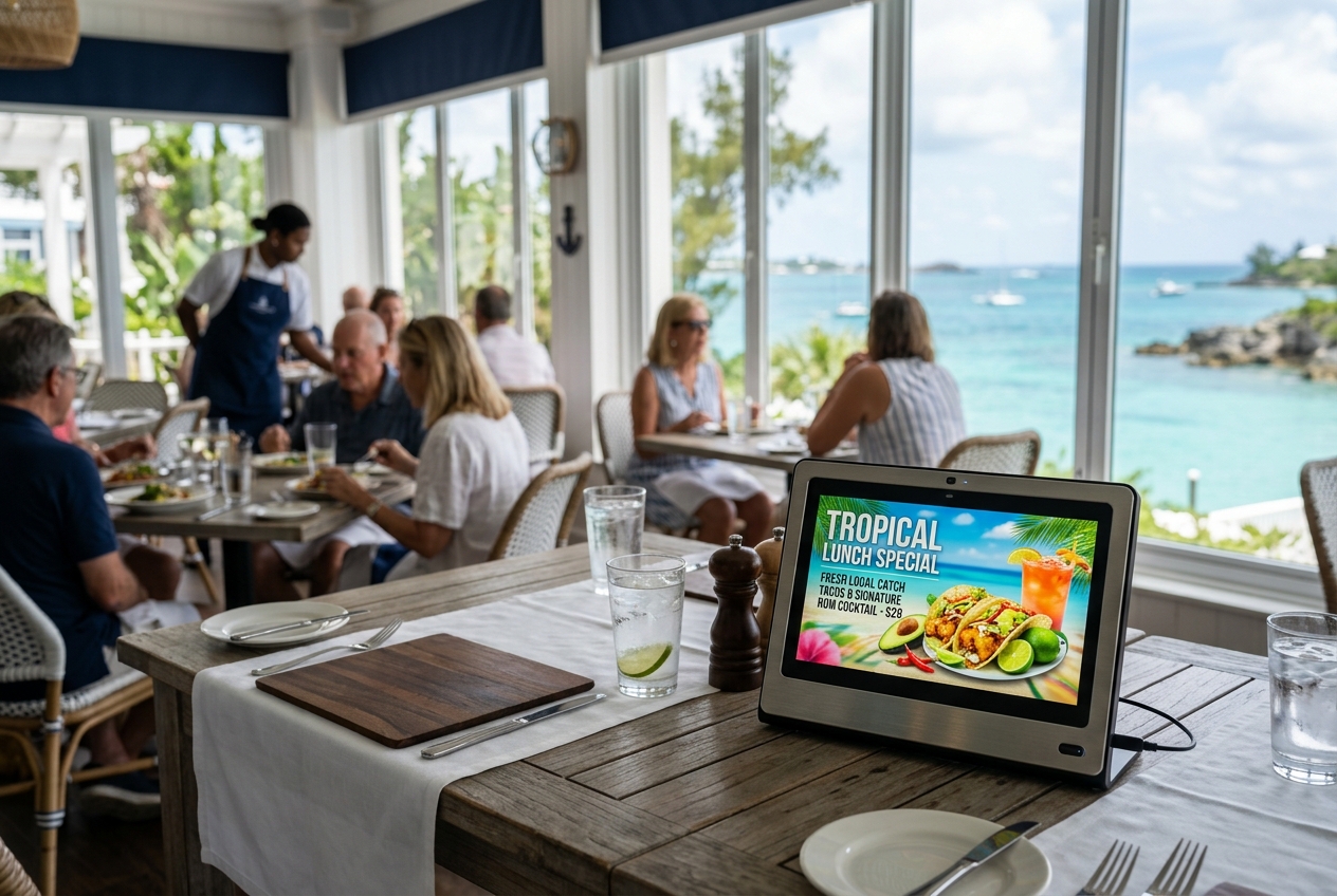 Tabletop digital advertising display in a Bermuda waterfront restaurant