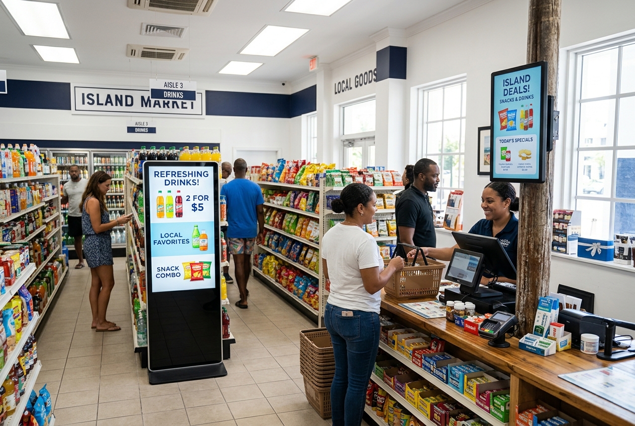 Digital promotion displays in a Bermuda convenience store