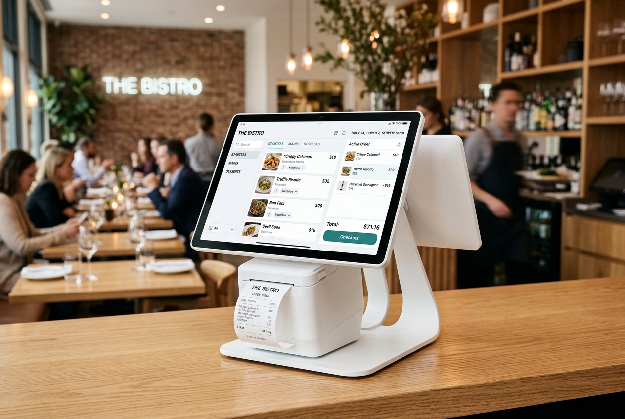 Unique white POS touchscreen terminal on a stand