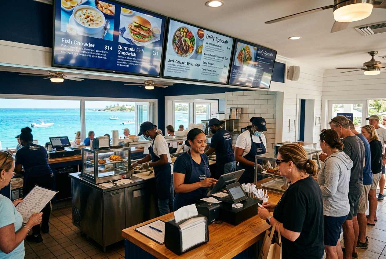 Digital menu boards in a busy Bermuda restaurant