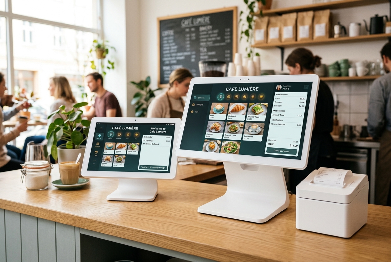 Unique white restaurant POS screens on stands