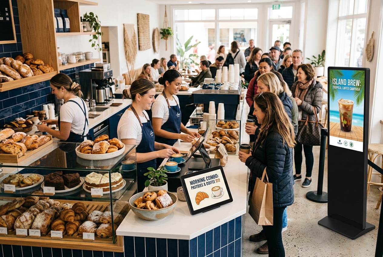 Countertop and floor-standing digital displays in a Bermuda cafe
