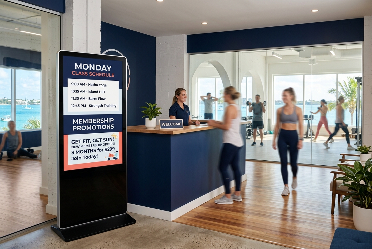 Floor-standing class schedule display in a Bermuda fitness studio